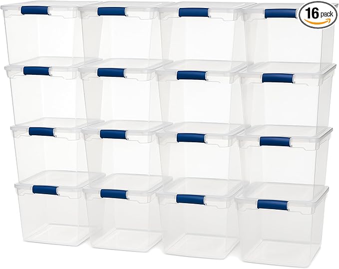 HOMZ Heavy Duty Modular Clear Plastic Stackable Storage Tote Containers with Latching and Locking Lids, 31 Quart Capacity, 16 Pack