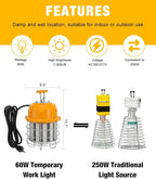 LED Temporary Work Light 60W, LED Construction Lights 7,200lm 5000K Daylight, Stainless Steel Guard Portable Hanging Work Lighting Workshop Jobsite Light Outdoor