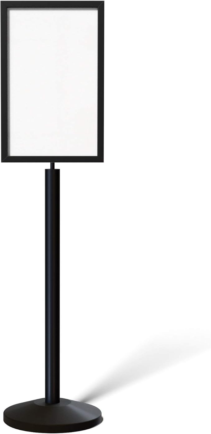 Crowd Control Warehouse Pedestal Standing Floor Sign Frame with Sloped Base, 14x22 Inch Vertical, Black Powder Coated Steel
