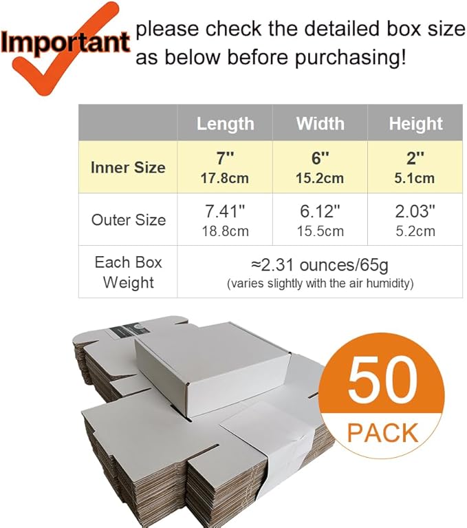 50 Pack 7x6x2'' Small Shipping Boxes, Corrugated Cardboard Mailers for Business, White (CM762)