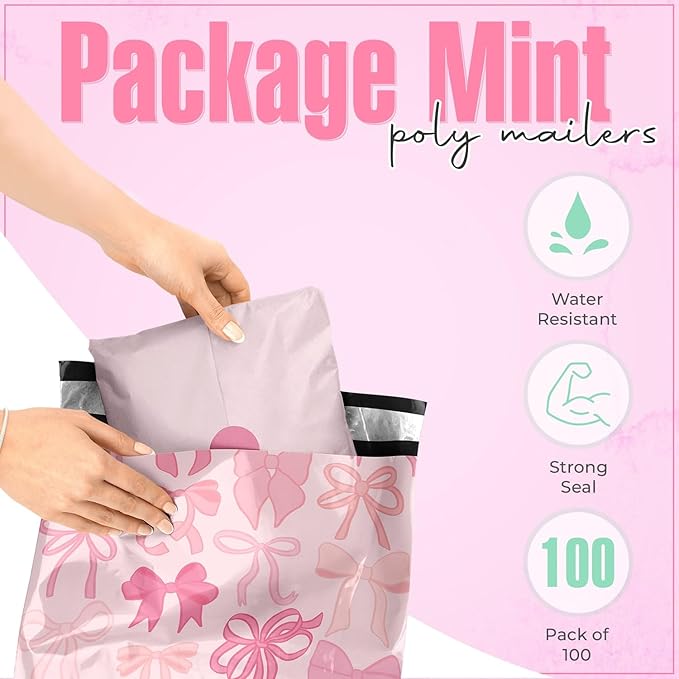10x13 Poly Mailers – Coquette Bows Design – Waterproof, Tear-Resistant Shipping Bags with Adhesive Seal – 100 Pack – Package Mint