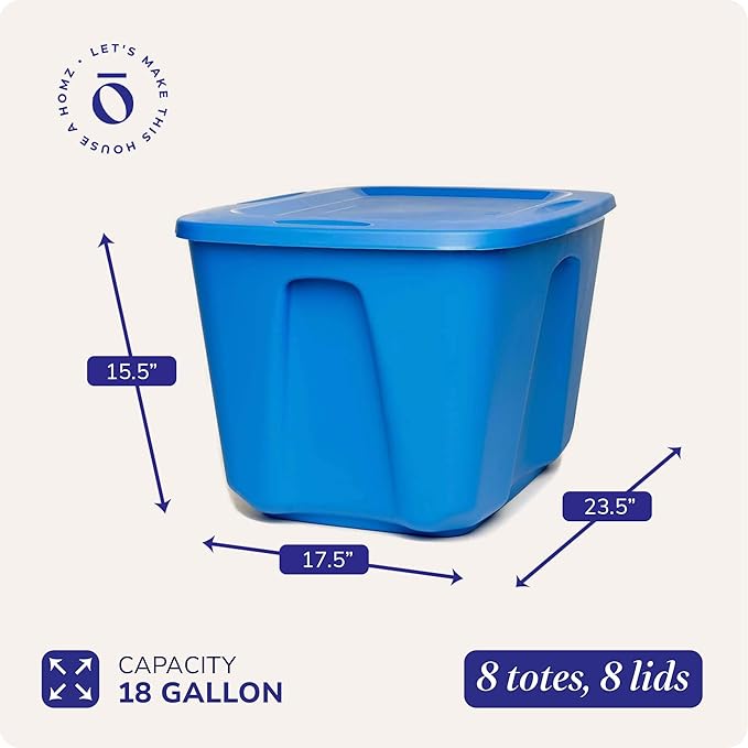 HOMZ 8-Pack Durable Molded Bin, Plastic Storage Containers with Lids, 18 Gallon, Blue - Stackable Organizer Totes and Boxes for Bedroom, Kitchen, and Garage Organization