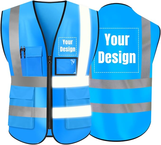 YOWESHOP High Visibility Safety Vest Custom Your Logo Protective Workwear 5 Pockets With Reflective Strips Outdoor Work Vest (Blue (L))