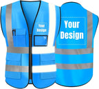 YOWESHOP High Visibility Safety Vest Custom Your Logo Protective Workwear 5 Pockets With Reflective Strips Outdoor Work Vest (Blue (M))