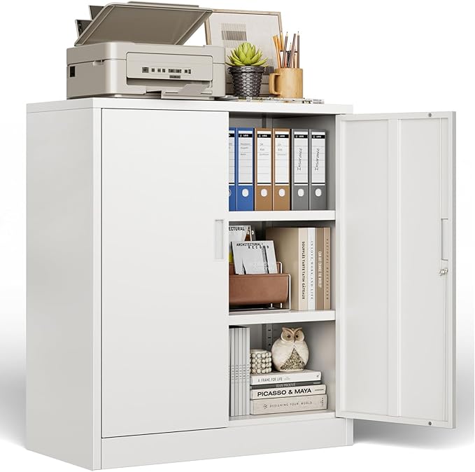 BESFUR Metal Storage Cabinet 36"H, Steel Garage Storage Cabinet with 2 Lockable Doors and 2 Adjustable Shelves, Garage Cabinet for Home Office, Garage,School, Apartment, Warehouse, Utility Room,White