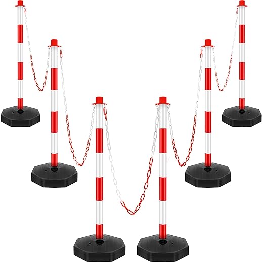 Konohan 6 Pack 34 Inch Parking Cone Delineators Post Traffic Cone Plastic Stanchion Set Stands Parking Barrier with Base 6.6 ft Chain S Hooks Reflective Collar (Red,White)