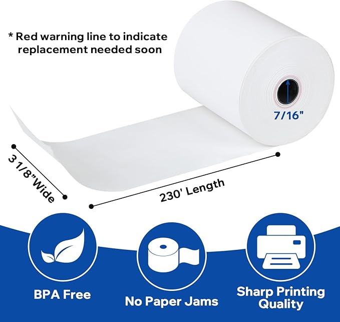 (50 Rolls) 3 1/8 x 230 Thermal Paper Receipt Rolls (45 GSM Premium Quality) Fits All POS Cash Registers BPA Free