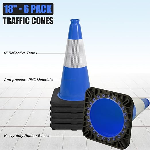 Fluorescent Orange/Green PVC Traffic Cones, Heavy Black Base Parking Lot Cone Structurally Stable Weatherproof Road Construction Safety Cones (8, Blue, 18" Medium)
