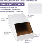 EXYGLO Stackable Cardboard Storage Bins 30 Pack, 12x6x4.5 Inch Cardboard Boxes with Lid, Corrugated Organizer Bins for Pantry, Shelves, Garage, Office, Shop, White