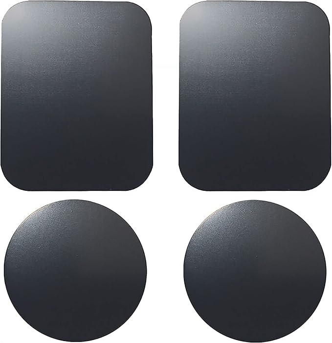 SALEX Replacement Metal Plates Set 4 Pack for Magnetic Car Phone Holders, Wall, Air Vent Mounts, Cases, Magnets. Kit of 2 Black Round and 2 Rectangular Iron Discs Without Holes. 3M Adhesive Backing.