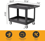 2-Tier Rolling Tool Cart,Heavy-Duty Plastic Service Cart with Lipped Shelves,550 lbs Capacity Utility Cart,46 x 26 Inch Rolling Work Carts for Garage,Salon,Kitchen,Office-Black