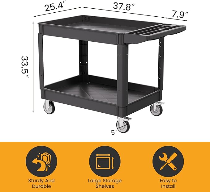 2-Tier Rolling Tool Cart,Heavy-Duty Plastic Service Cart with Lipped Shelves,550 lbs Capacity Utility Cart,46 x 26 Inch Rolling Work Carts for Garage,Salon,Kitchen,Office-Black