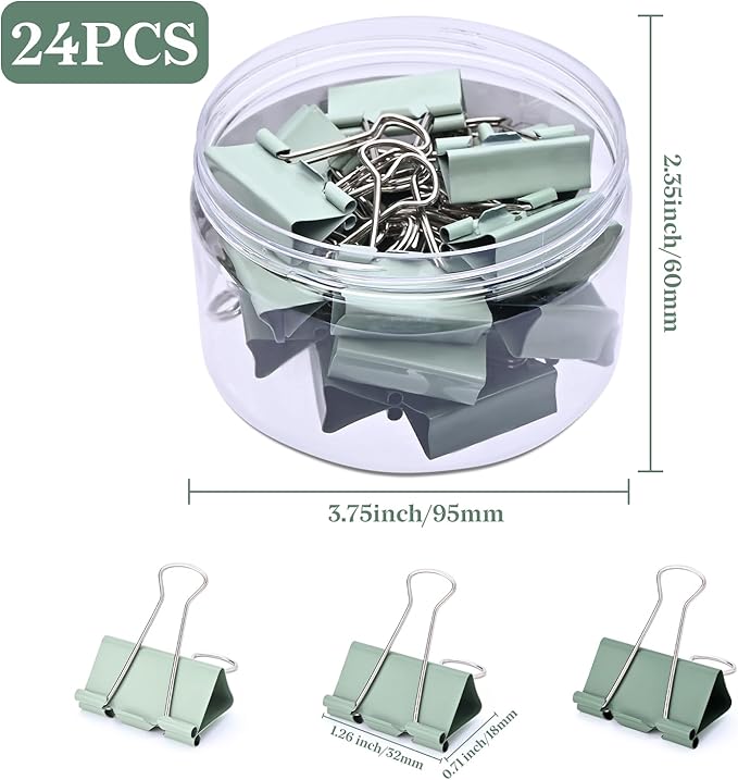 Temiary Aesthetic Binder Clips, 24 Pcs 1.26 Inches Small Metal Binder Clip with Clear Storage Container, Binding Paperwork Clamps for School Teachers Office Supplies (Green)