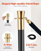 VEVOR Stanchions and Velvet Ropes, 6 Pcs Crowd Control Barriers with 4 Black Velvet Ropes, Stainless Steel Stanchion Post Queue with Sand Injection Hollow Base for Theater, Wedding, Party Supplies