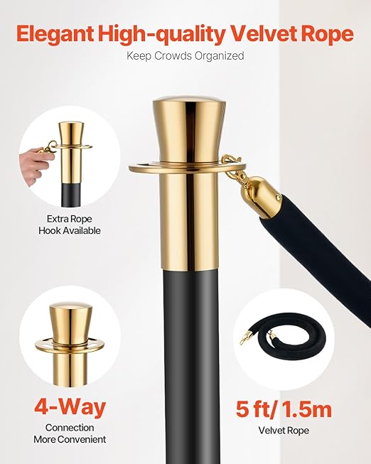 VEVOR Stanchions and Velvet Ropes, 6 Pcs Crowd Control Barriers with 4 Black Velvet Ropes, Stainless Steel Stanchion Post Queue with Sand Injection Hollow Base for Theater, Wedding, Party Supplies