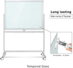 Mobile Glass Whiteboard, Magnetic Double-Sided Easel Style Glass Dry Erase White Board with Wheels - 48 x 36 Large Rolling Board Planner with Stand for Office, Classroom, School, Home.