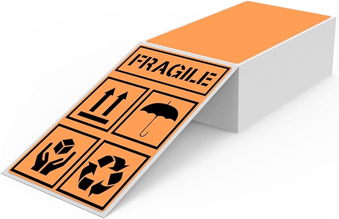 Orange Thermal Labels 3 × 5 Inch Vinyl Self-Adhesive Fanfold Direct Shipping Stickers Waterproof Perforated Printer Decal for Office Warehouse Barcode 300 PCS