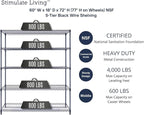 60"x18"x72" Prime Heavy Duty Black 5-Tier Wire Shelving NSF 4000 LBS MAX Capacity Storage Rack for Commercial, Hospital, School, Garage, and Kitchen Uses (with Wheels)