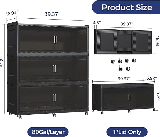 240Gal Extra Large Stackable Storage Bins with Lid, 960Qt Collapsible Storage Box with Wheels, Closet Organizers and Storage Cabinet Container for Home, Kitchen, Office, Bedroom, 3Pack Black