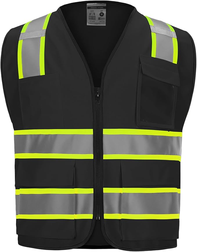 9 Pocket Hi Vis Safety Vest with Reflective Strips - Zipper Construction Work Vest for Men & Women - Black, 3XL