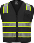 9 Pocket Hi Vis Safety Vest with Reflective Strips & Zipper Closure - Black, XL
