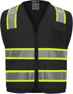 9 Pocket Hi Vis Safety Vest with Reflective Strips & Zipper Closure - Black, XL
