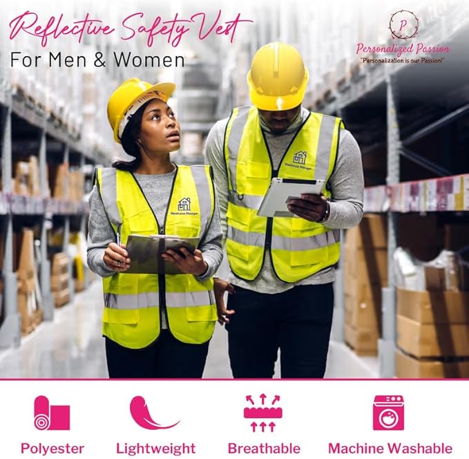 Personalized Safety Vest with Name & Logo - High Visibility Vest for Men & Women - 2” Wide Reflective Strips & 5 Pockets