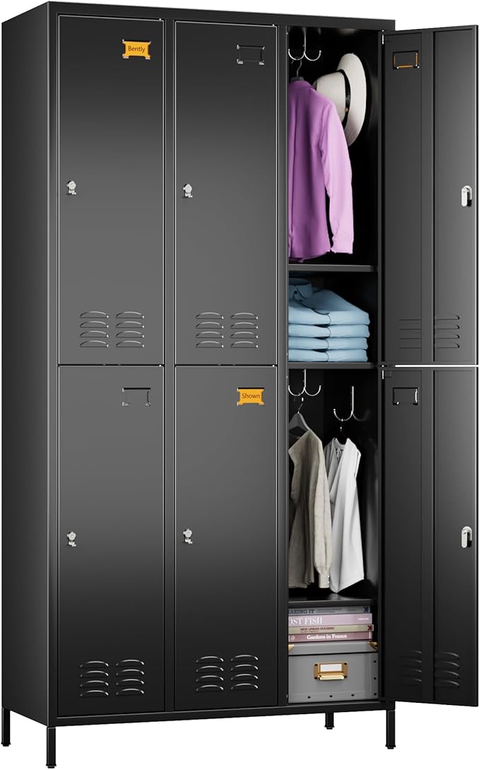 6 Doors Metal Locker for Employees with 18 Hooks,Metal Locker with Business Card Holder forOffice Gym Home,Assembly Required,Black