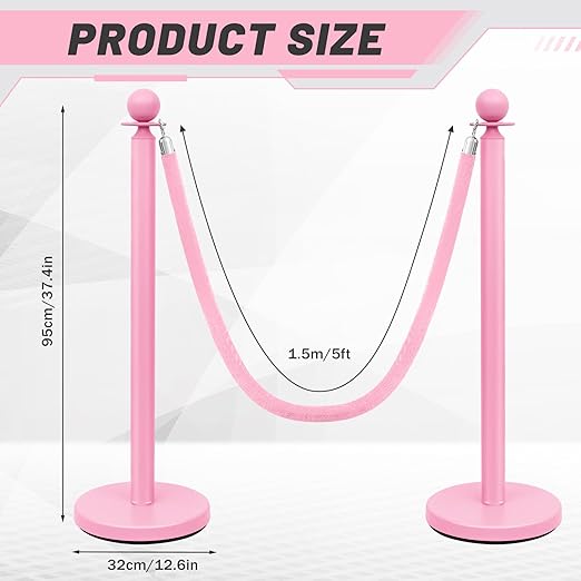 Ferraycle 4 Pcs Stainless Steel Stanchions Post Queue 38 Inch, 5 ft Velvet Rope Carpet Ropes and Pole, Control Barriers for Wedding Birthday Party Decoration Sand Injection Hollow Base Set (Pink)