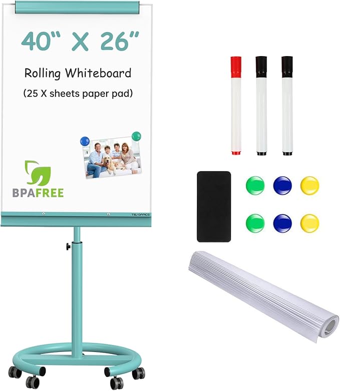 TSJ OFFICE Mobile Whiteboard Magnetic - 40 x 26 Inches Dry Erase Board on Wheel with Stand Flipchart Easel Height Adjustable,Light Blue
