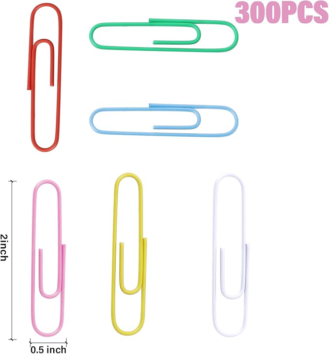 300 Pcs Colored Paper Clips, 2 Inch Assorted Color Paperclips, Large Vibrant Metal Paper Clips for Office, School, Home, Craft Projects - Organize Documents, Notes, Artworks