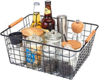 LeleCAT Large black wire basket for Organizing with Wooden Handles,pantry refrigerator organizers and storage,Snack Storage Baskets for Cabinets, Closets, Bedrooms, kitchen -2pack（Black）