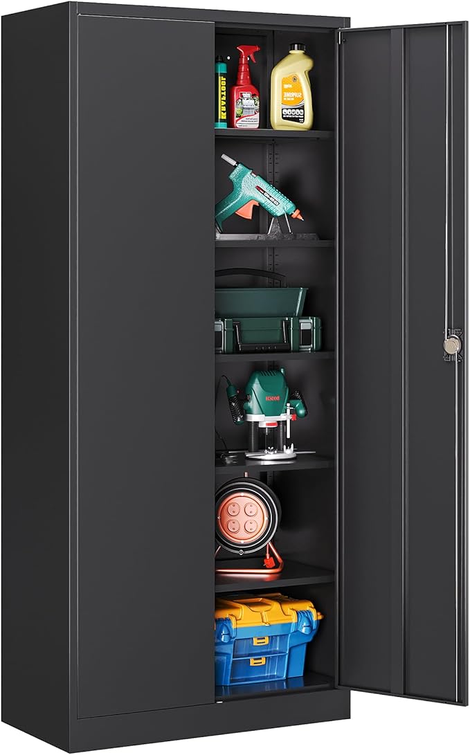 Metal Storage Cabinet with Locking Doors, Tall Cabinets for Home, Office, Warehouse Organizer (Black)