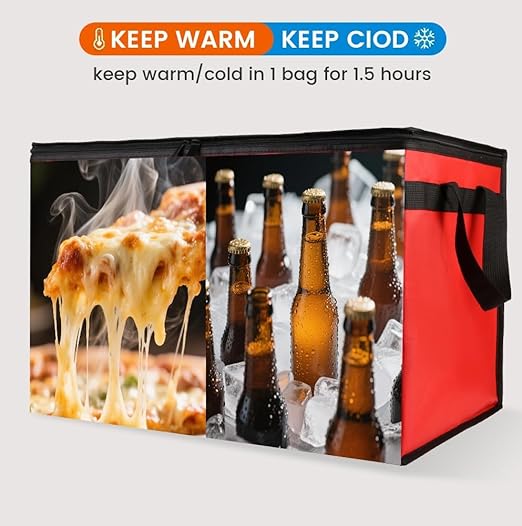 Insulated Food Delivery Bag with 4 Cup Holders, XX-Large Insulated Grocery Bags Keep Food Hot/Cold, Cooler Bags with Drink Carrier, Food Carrier Catering Bag, Commercial Food Warmer Bag, Red