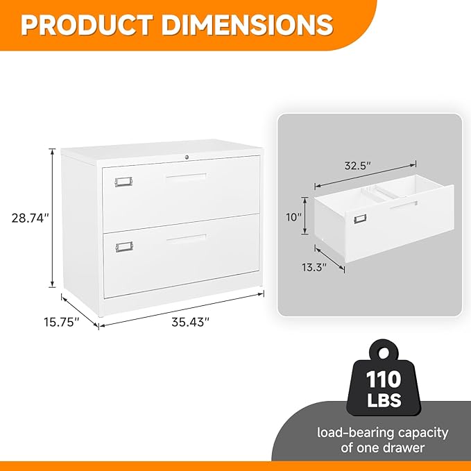 Lateral File Cabinet, Metal Filing Cabinet with Lock, 2 Drawer File Cabinets for Home Office, Office Cabinet for Hanging Files Letter/Legal/F4/A4, Assembly Required, White