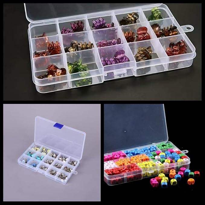 4 Pcs 15 Grids Clear Organizer Box Plastic Storage Container with Fixed Dividers Blue Buckle for Electronics Jewelry Beads Art DIY Crafts Small Parts Non-Adjustable Dividers