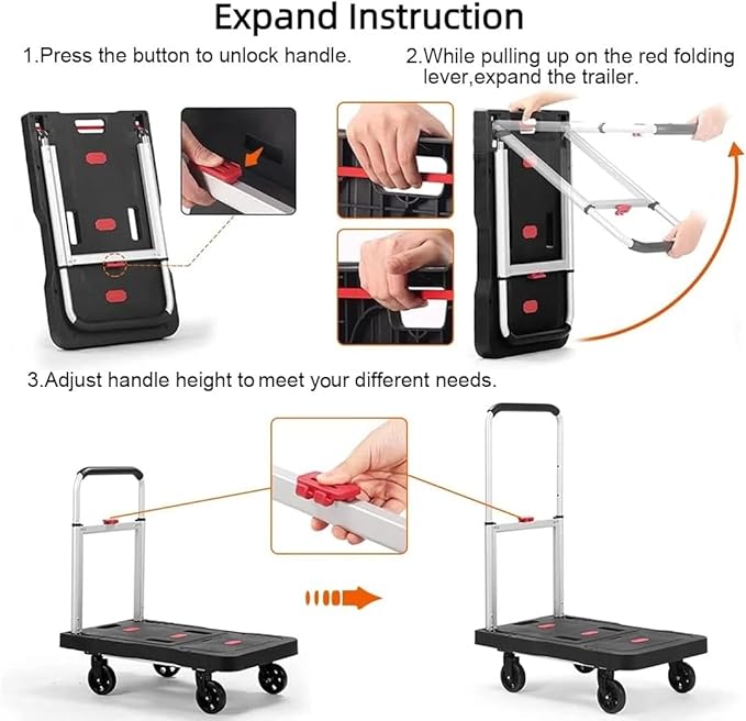 Folding Hand Truck, 330 Lbs Heavy Duty Luggage Cart, Portable Push cart Dolly with Adjustable Handle for Auto, Luggage, Personal, Travel, Moving Shopping and Office Use