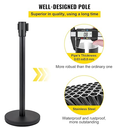 VEVOR Crowd Control Stanchion, Set of 4 Pieces Stanchion Set, Stanchion Set with 6.6 ft/2 m Black Retractable Belt, Black Crowd Control Barrier w/Concrete and Metal Base - Easy Connect Assembly