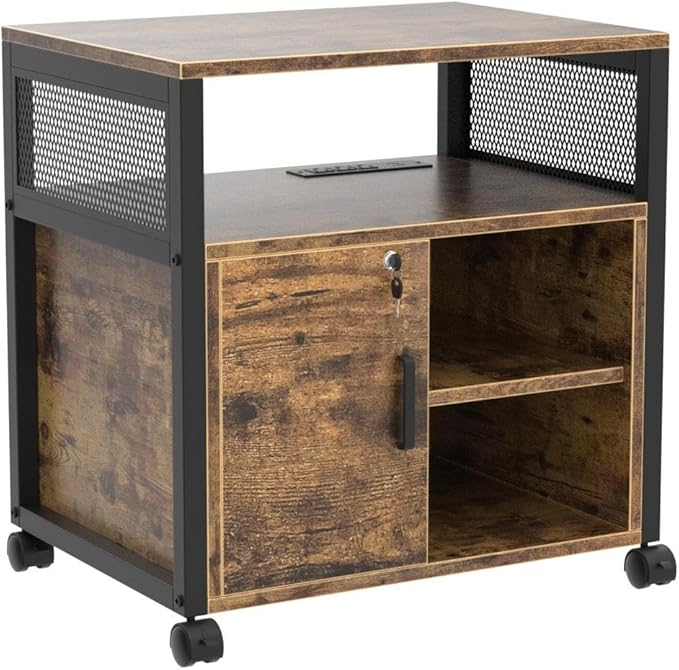 Unikito Rolling File Cabinet, Lateral Filing Cabinet on Wheels Mobile Office Printer Stand with Door and Open Storage Shelf for A4, Letter Size and Hanging File Folders, Lockable, Rustic Brown