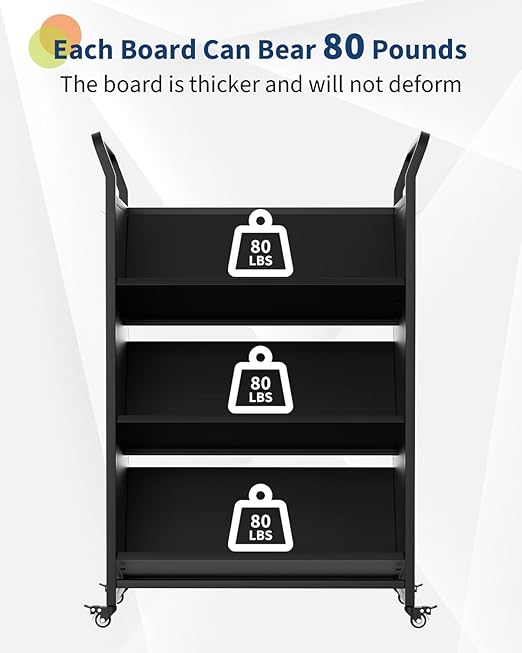 3-Tier Metal Rolling Book Cart, 4 Lockable Wheels & Side Hooks, V-Shaped Heavy Duty Library Cart, 360 Lb Capacity, Bookshelf Organizer for Home, Office, School, Study, Black, 32"x14"x49"