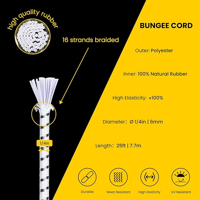 Bungee Cord Elastic Shock Cord 1/4" x 25' Bungee Rope for DIY, Tie Downs, Kayak and Outdoor - White&Black