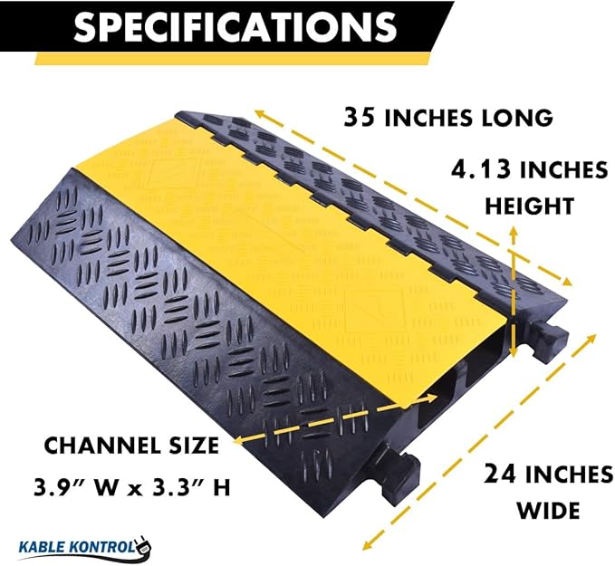 Kable Kontrol Atlas Heavy Duty Cable Protector Ramp - 2 Channel Bulk Wholesale Pallet - 20 Pcs - 35” Long Black & Yellow – 32000 Lbs Capacity - Rubber Speed Bump Wire Protector Cord Cover – CP9985