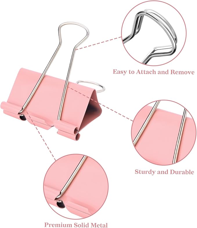 Temiary Aesthetic Binder Clips, 60 Pcs 0.6 Inches Small Metal Binder Clip with Clear Storage Container, Binding Paperwork Clamps for School Teachers Office Supplies (Pink)