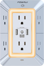 USB Wall Charger, Surge Protector, POWRUI 6-Outlet Extender with 3 USB Charging Ports (1 USB C) and Night Light, 3-Sided Power Strip with Adapter Spaced Outlets - White，ETL Listed, Gray