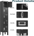 Metal Lockers - 66" Height Steel Lockers for Employees with 5 Door Storage Locker with Card Slot for Employees Gym School Home Office Garage - Assembly Required