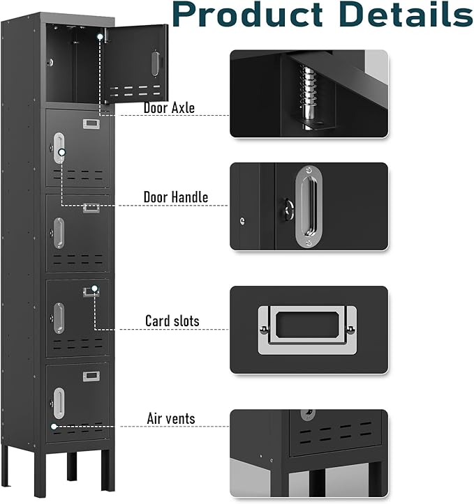 Metal Lockers - 66" Height Steel Lockers for Employees with 5 Door Storage Locker with Card Slot for Employees Gym School Home Office Garage - Assembly Required