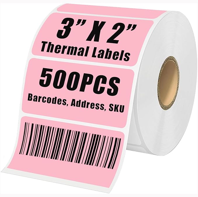 3" x 2" Thermal Labels Stickers Pink, Thermal Printer Shipping Stickers, Multipurpose Inventory Self-Adhesive Direct Thermal Label for Small Business (500 Labels/Roll)