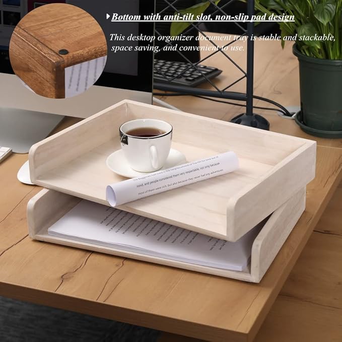 Stackable Letter Tray 2 Pack - Wood Desk File Trays Letter/A4 Paper Organizer Shelf - Wooden Document Shelf Desktop Folder Rack Organization for Office Storage White(2CTP-WH)