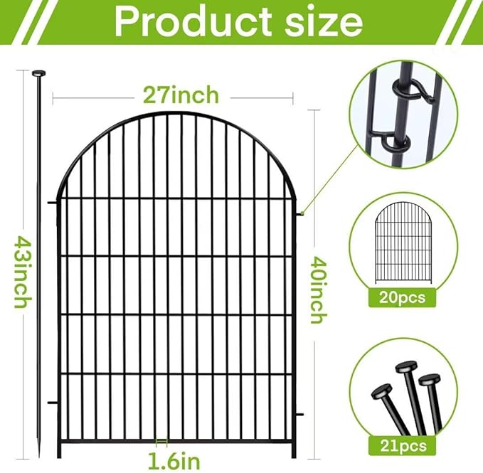 Adavin Tall Garden Fence Animal Barrier with Gate, 40 in(H)×43.7ft(L) 20 Panels No Dig Fence for Dogs, Rustproof Metal Wire Animal Barrier Fences for Dogs Rabbits, Black Garden Fencing for Yard Patio