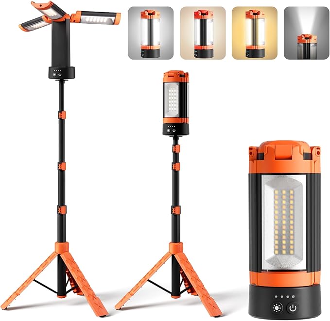 Rechargeable Camping Light with Stand 73" 2500LM 12000mAh, Magnet Work Light Cordless, with 3 Page Head, Hooks & Carrying Bag, Job Site Workshop Outside Orange